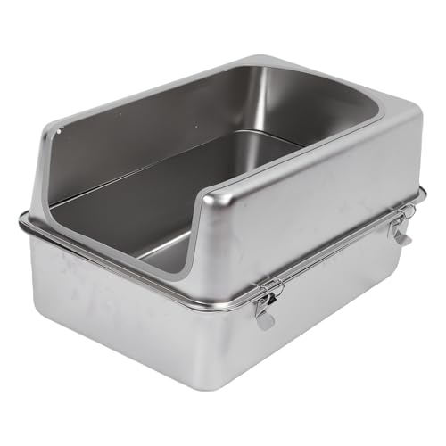 HELEVIA Katzenratstreubox, Edelstahl Spritzer Proof Extra Großer Halbe Geschlossene Kätzchenstrahlpfanne mit Abdeckung und Schaufel, Geschlossene Kitty -Toilette, Zum Füttern von HELEVIA