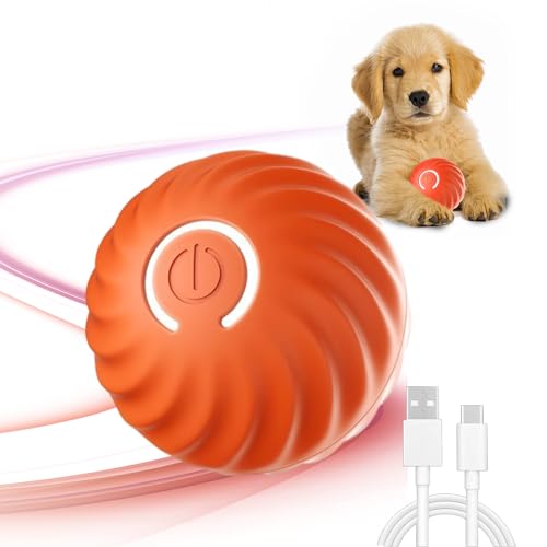 HELGATALLT Interaktives Hunde/Katzenspielzeug Ball Spielzeug, Strapazierfähiger Automatisch Rollender Ball für Welpen/Kleine/Mittlere Hunde, USB Wiederaufladbar (orange) von HELGATALLT