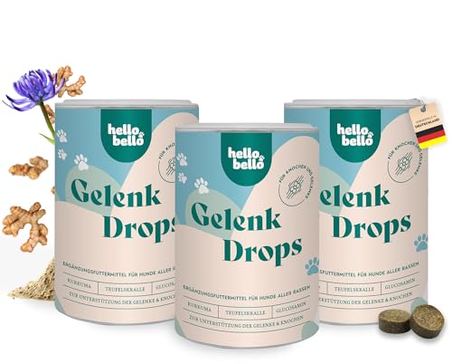 HELLOBELLO Gelenk Drops für Hunde 3 x 350 g - Gekenktabletten mit Teufelskralle, Glucosamin & Kurkuma - Hundekeks für gesunde Knochen & Gelenke von HELLOBELLO