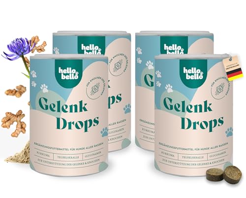 HELLOBELLO Gelenk Drops für Hunde 4 x 350 g - Gekenktabletten mit Teufelskralle, Glucosamin & Kurkuma - Hundekeks für gesunde Knochen & Gelenke von HELLOBELLO