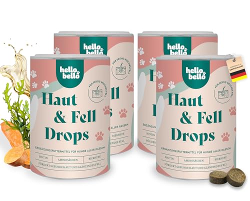 HELLOBELLO Haut & Fell Drops für Hunde 4 x 350 g - Mit Algenöl, Bierhefe & Biotin für weiches, glänzendes Fell & gesunde Haut ohne Juckreiz von HELLOBELLO