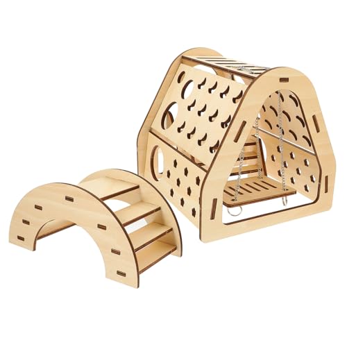 HEMOTON Hamster Holzhaus DIY mit Rutsche und Brücke Natürlicher Nager Unterschlupf und Spielplatz Robustes Versteck für Rennmäuse Chinchillas und Kleine Nagetiere Einfach zu Montieren von HEMOTON