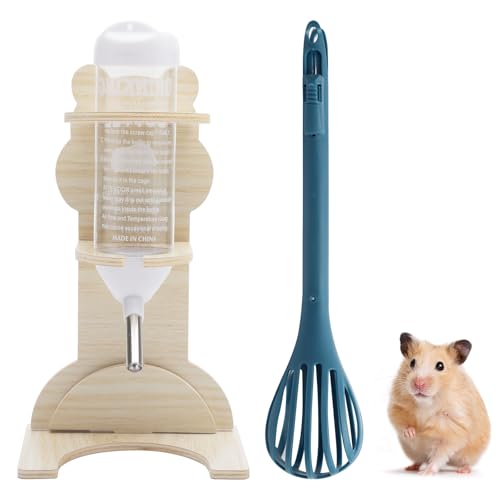 HENGBIRD Hamster Trinkflasche mit Holz Ständer und Clip, 125 ml, Nagertränke für Hamster, Meerschweinchen von HENGBIRD