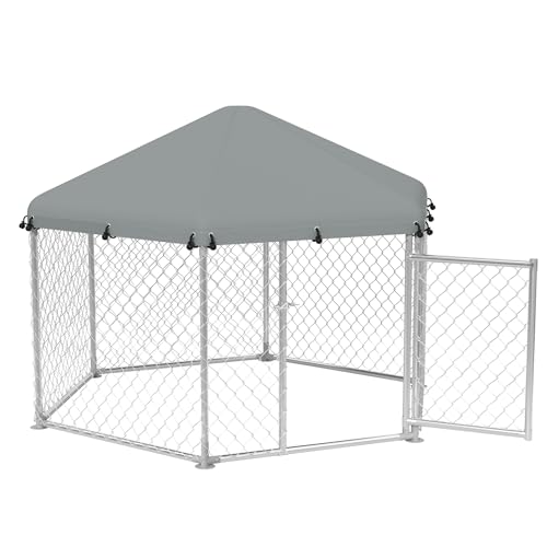 HENGMEI Hundezwinger mit Überdachung Outdoor Hundehütte Zwinger Hundehaus Hundekäfig Tierlaufstall Freilaufgehege Tiergehege mit Schloss Kleintierestall (Sechseckig - 210x185x150cm mit Dach) von HENGMEI
