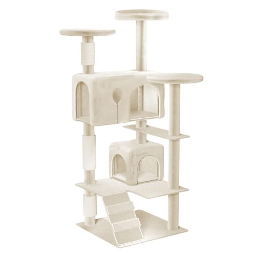 HENGMEI Kratzbaum Kletterbaum Katzenkratzbaum Katzenbaum mit Hängematte und Spielmöglichkeiten Grosse Katzenstabil Spielhaus Spielzeug für Katzen (Modell A, Beige) von HENGMEI