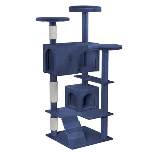 HENGMEI Kratzbaum Kletterbaum Katzenkratzbaum Katzenbaum mit Hängematte und Spielmöglichkeiten Grosse Katzenstabil Spielhaus Spielzeug für Katzen (Modell A, Blau) von HENGMEI