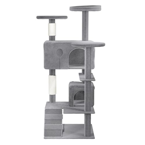 HENGMEI Kratzbaum Kletterbaum Katzenkratzbaum Katzenbaum mit Hängematte und Spielmöglichkeiten Grosse Katzenstabil Spielhaus Spielzeug für Katzen (Modell A, Grau) von HENGMEI
