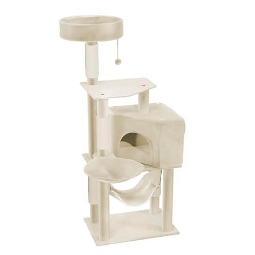 HENGMEI Kratzbaum Kletterbaum Katzenkratzbaum Katzenbaum mit Hängematte und Spielmöglichkeiten Grosse Katzenstabil Spielhaus Spielzeug für Katzen (Modell B, Beige) von HENGMEI