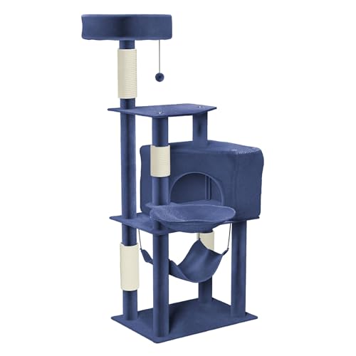 HENGMEI Kratzbaum Kletterbaum Katzenkratzbaum Katzenbaum mit Hängematte und Spielmöglichkeiten Grosse Katzenstabil Spielhaus Spielzeug für Katzen (Modell B, Blau) von HENGMEI