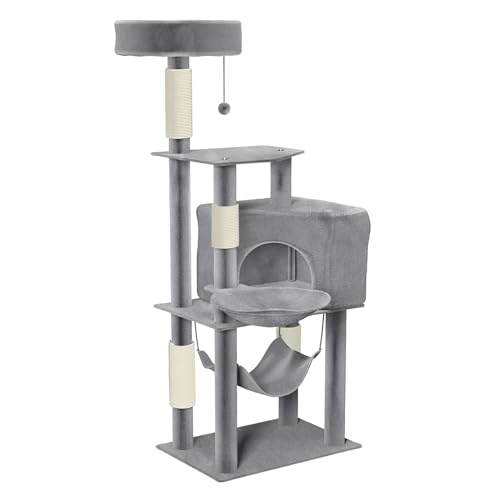 HENGMEI Kratzbaum Kletterbaum Katzenkratzbaum Katzenbaum mit Hängematte und Spielmöglichkeiten Grosse Katzenstabil Spielhaus Spielzeug für Katzen (Modell B, Grau) von HENGMEI