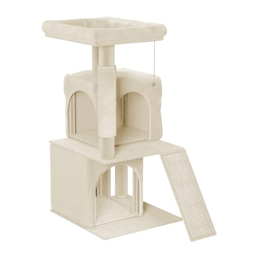 HENGMEI Kratzbaum Kletterbaum Katzenkratzbaum Katzenbaum mit Hängematte und Spielmöglichkeiten Grosse Katzenstabil Spielhaus Spielzeug für Katzen (Modell C, Beige) von HENGMEI