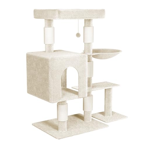 HENGMEI Kratzbaum Kletterbaum Katzenkratzbaum Katzenbaum mit Hängematte und Spielmöglichkeiten Grosse Katzenstabil Spielhaus Spielzeug für Katzen (Modell D, Beige) von HENGMEI