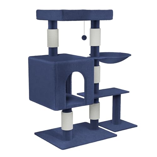 HENGMEI Kratzbaum Kletterbaum Katzenkratzbaum Katzenbaum mit Hängematte und Spielmöglichkeiten Grosse Katzenstabil Spielhaus Spielzeug für Katzen (Modell D, Blau) von HENGMEI