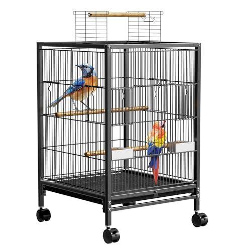 HENGMEI Papageienkäfig Vogelvoliere Vogelkäfig Vogelhaus Käfig Voliere kanarienvögelkäfig mit Rollen Schwarz 46x46x91cm (mit Offenem Dach) von HENGMEI