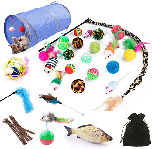 HEPAZ Katzenspielzeug Set mit Katzentunnel, Bälle, Federspielzeug, Plüschspielzeug, Spielzeugmäuse Katzen Spielzeug Variety Pack für Kitty Katzen, Bonus Aufbewahrungstasche, 24 Stück HEPAZ Katzenspielzeug Set mit Katzentunnel, Bälle, Federspielzeug, Plüschspielzeug, Spielzeugmäuse Katzen Spielzeug Variety Pack für Kitty Katzen, Bonus Aufbewahrungstasche, 24 Stück von HEPAZ