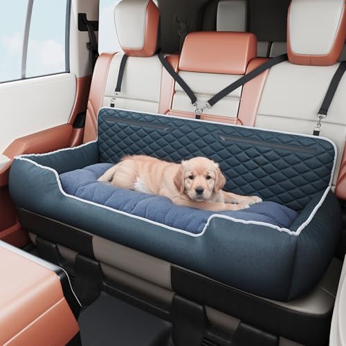 Hepeeng Große Sitzbank für Hunde mit hoher Rückenlehne, mit dickem Kissen, waschbar, Sicherheitsgurte, Aufbewahrungstasche, nur für Auto-Rücksitz für mittelgroße und große Hunde bis zu 45 kg von HEPEENG