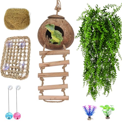 HERCOCCI Crested Gecko Tank Zubehör, Reptilien Reben und Pflanzen Kokosnussschale Hütte Hängematte für Leopard Gecko Einsiedler Krabbe Eidechse Spielauflage von HERCOCCI