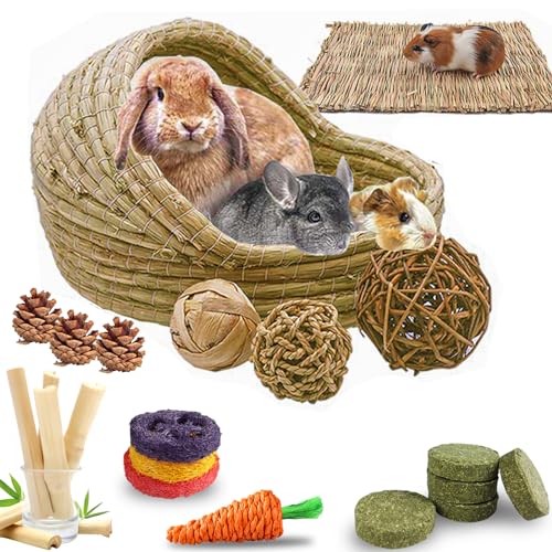 HERCOCCI Extra großes Kaninchen-Grasbett, 18 Stück, Kauspielzeug für Haustiere, handgefertigt, gewebtes Heubett und Versteck mit Strohmatte für Kaninchen, Meerschweinchen, zum Schlafen, Essen (groß) von HERCOCCI