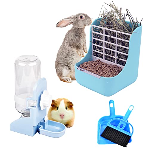 HERCOCCI Kaninchen-Heu-Futterspender und Hasen-Wasserflaschen-Set, Heu-Futterspender mit 500 ml hängendem Wasserspender zum Aufhängen, verhindert Umkippen für Kaninchen, Meerschweinchen, Chinchilla von HERCOCCI