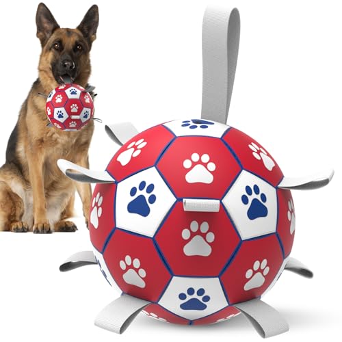 HETOO Hundeball Hundespielzeug Ball mit Griff für Hund Interaktives Schleppen von Krieg Wasser Hundebälle Spielzeug Geburtstagsgeschenk für Mittel/Große Hunde (9 Zoll Rot Weiß) von HETOO