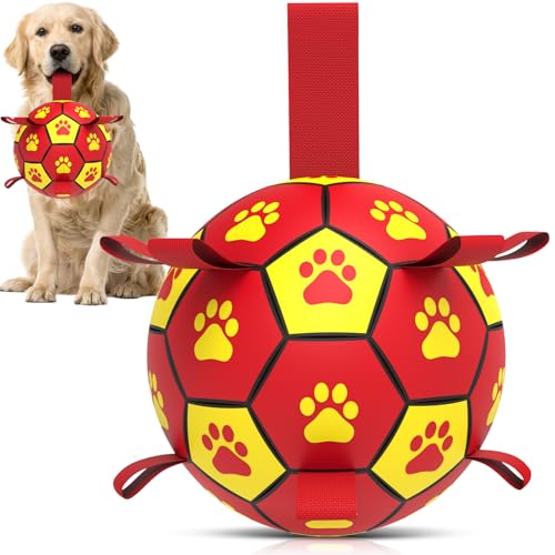 HETOO Hundespielzeug, Fußball mit Riemen, interaktives Spielzeug zum Tauziehen, Welpengeburtstagsgeschenke, Wasserspielzeug, langlebige Bälle für mittelgroße und große Hunde, Rot und Gelb (20,3 cm) HETOO Hundespielzeug, Fußball mit Riemen, interaktives Spielzeug zum Tauziehen, Welpengeburtstagsgeschenke, Wasserspielzeug, langlebige Bälle für mittelgroße und große Hunde, Rot und Gelb (20,3 cm) von HETOO