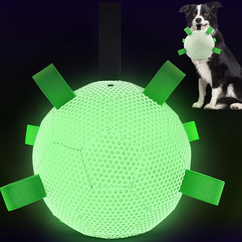 HETOO Leuchtendes Spielzeug, interaktiver beleuchteter Hundeball, Outdoor-Hundeball mit Riemen, Zerrspielzeug für kleine und mittelgroße Hunde, Welpengeburtstagsgeschenke (15,2 cm Wabenmuster) von HETOO