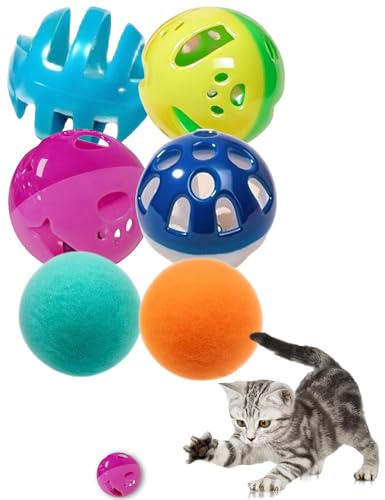 HEUHAI 6 Stück Katzenspielzeug für Katzen – 4 Katzenglockenbälle & 2 Plüschbälle, lustiges interaktives Haustierspielzeug-Set für Kätzchen und erwachsene Katzen von HEUHAI