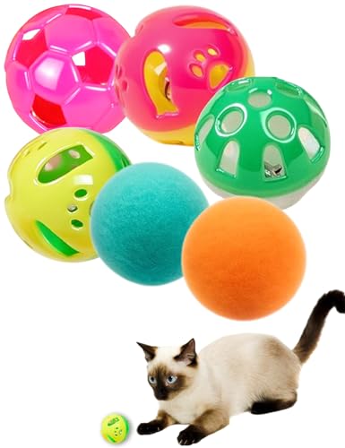 HEUHAI Katzenspielzeug für Katzen, 4 Glockenbälle und 2 weiche, stabile Plüschbälle, lustiges Spielspielzeug-Set (3,8 cm, sparsames Katzenspielzeug-Set) von HEUHAI