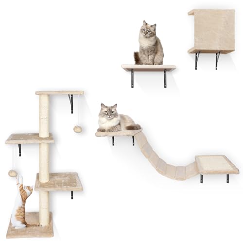 HEVOL 4-in-1 Katzenwand Katzen Set - Kletterwand für Katzen mit Kratzbaum, Katzenbrücke, Katzenhaus und Plattform, Innen-Katzenmöbel mit Hängeball für mehr Spielspaß, Wandmontage, Beige HEVOL 4-in-1 Katzenwand Katzen Set - Kletterwand für Katzen mit Kratzbaum, Katzenbrücke, Katzenhaus und Plattform, Innen-Katzenmöbel mit Hängeball für mehr Spielspaß, Wandmontage, Beige von HEVOL