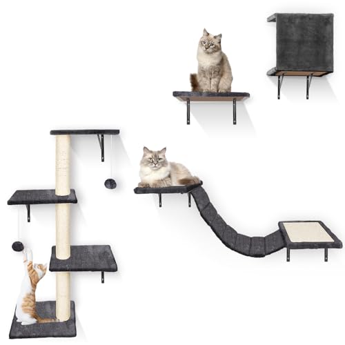 Kletterwand für Katzen – HEVOL 4-in-1 Stabiles Katzenwandmöbel Set mit Katzenhaus, Katzenbrücke, Katzenbaum und Katzentreppe – Graue Indoor Wand Kratzbaum für Katzenspiel und Entspannung von HEVOL