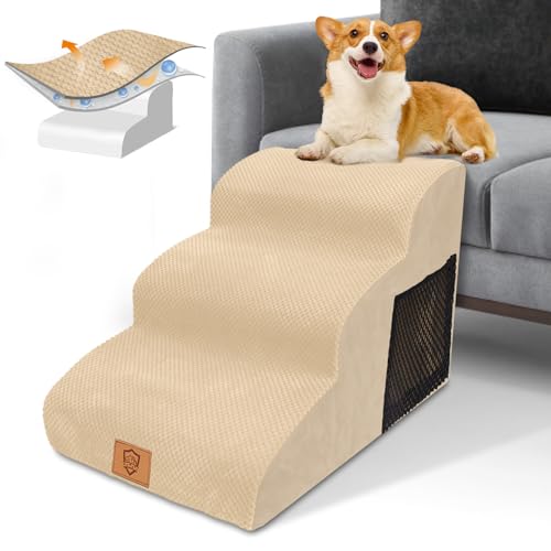 HEVOL Hundetreppe, 3 Stufen Hunderampe, Wasserdicht Haustiertreppe 40cm Hoch, rutschfeste Hundetreppe für Kleine Hunde, Waschbarer Bezug mit Reißverschluss,Tragbar Katzentreppe für Alte Katzen von HEVOL