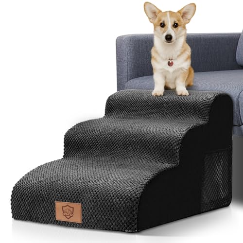 HEVOL Hundetreppe, Haustiertreppe 3 Stufen, Hunderampe 40cm Hoch, Tragbare Hundetreppe für Kleine Hunde, rutschfeste Haustierrampe Katzentreppe mit Waschbar Bezug für Sofa Bett von HEVOL