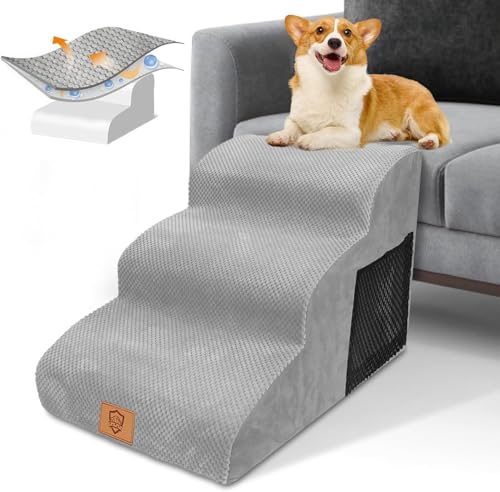 HEVOL Hundetreppe 3 Stufen, rutschfeste Haustiertreppe für Kleine Hunde, Waschbarer Hundetreppe 40cm Hoch, Tragbar Hunderampe Katzentreppe mit Waschbar Bezug für Sofa Bett von HEVOL