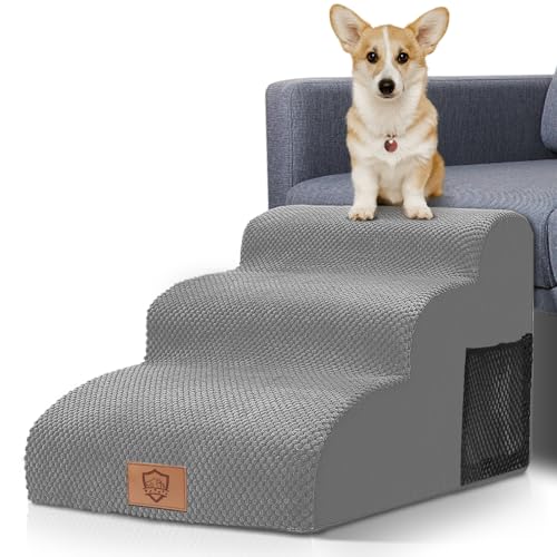 Hundetreppe für Kleine Hunde, HEVOL Hundetreppe, 3 Stufen Haustiertreppe, rutschfest Hunderampe mit Waschbar Bezug, Tragbar Katzenleiter Haustierrampe für Sofa Bett von HEVOL
