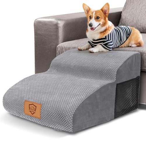 HEVOL Hundetreppe mit 2 Stufen, aus hochdichtem Schaumstoff, große Leiter für Haustiere, mit abnehmbarem und waschbarem Bezug, rutschfeste Hundetreppe, für Sofa und Bett, grau von HEVOL