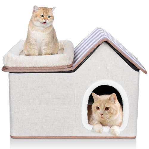 HEVOL Katzenhaus für Draußen, Katzenhöhle mit Abnehmbaren Plattform und Dach, Hundehöhle mit Waschbar Kissen, Wasserdicht Katzenbett für Kätzchen Haustiere,Beige von HEVOL