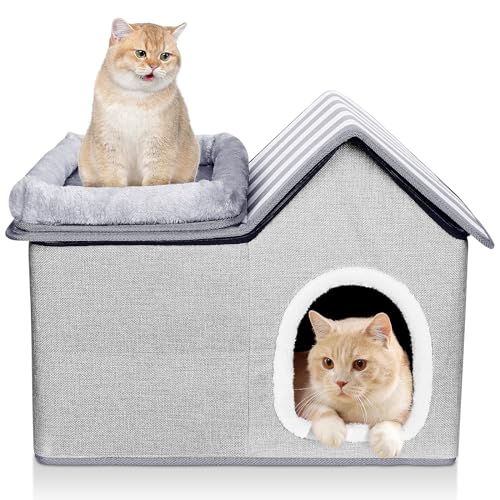 HEVOL Katzenhaus für Draußen, Winterfest Wasserdicht Katzenhöhle mit Waschbarem Kissen und Plattform, Warmes Katzenbett für Katzen und Kätzchen, Grau von HEVOL