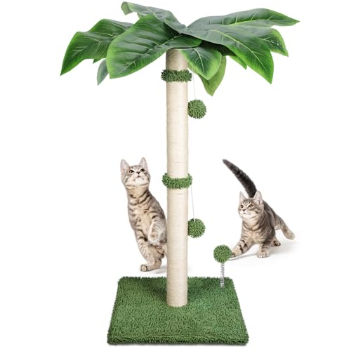 HEVOL Katzen Kratzbaum, 85cm Kratzsäule mit 2 Hängende Bälle und 1 Interaktiven Ball, Kratzpsäulen mit Quadratische Grundplatte, Natürlich Sisalseil Kratzstamm für Katzen, Grün von HEVOL