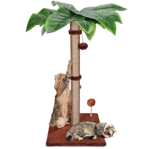 HEVOL Katzen Kratzbaum, 85cm Hoch Katzenkratzbaum mit 2 Hängende Bällen und 1 Interaktiven Bällen, Natürlichem Sisalseil Kratzsäule mit Plattform, Kratzstamm für Katzen, Braun von HEVOL