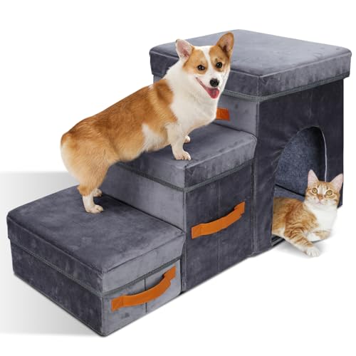 Hundetreppe, 3 in 1 Faltbare Hundetreppe mit Aufbewahrungsbox & Haustierhaus, 3-stöckige Haustiertreppe für Hochbett und Sofa, rutschfeste Haustiertreppe mit Griff für Hunde, Katzen von HEVOL