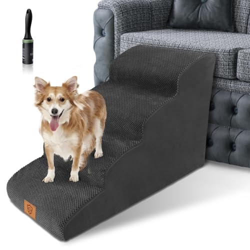 Hundetreppe für Kleine Hunde, 4 Stufen Haustiertreppe mit Abnehmbarem, Hochdichtem Schwamm Hunderampe mit Waschbarem, Hunde Treppe für Bett und Sofa Schwamm(Schwarz) von HEVOL