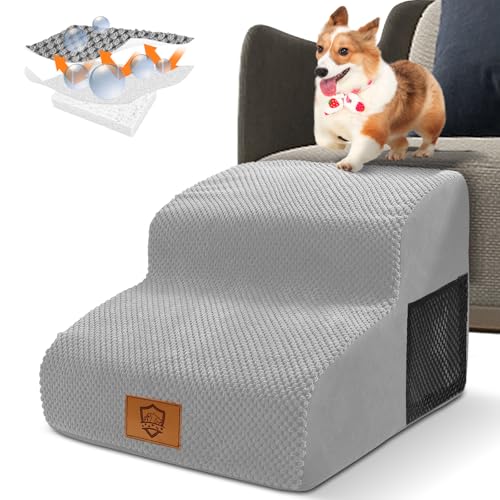 Hundetreppe für kleine Hunde, 2 Ebenen, rutschfeste Tierstufen, hochdichter Schaumstoff-Haustierleiter für verletzte Hunde, ältere Hunde und Katzen, grau, 40.6x30.5x40.6 cm cm von HEVOL