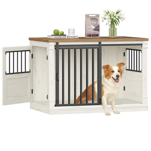 HEXCELEN 100cm Hundekäfig-Möbel, Hundebox Holz, Hundebox für Zuhause mit 3 Türen, Schiebetüren, für Kleine, Mittlere, Große Hunde, Robuster, Beistelltisch, 101 × 60,5 × 70 cm, Weiß Braun von HEXCELEN