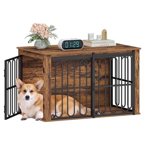HEXCELEN Hundekäfig-Möbel aus Holz, 100 cm Hundebox für Zuhause, Hundekäfig mit 2 Türen, Schiebetüren, für Kleine, Mittlere Hunde, Robuster, Beistelltisch, 60 × 100 × 62,4 cm, Braun von HEXCELEN