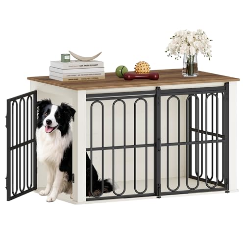 HEXCELEN Hundekäfig-Möbel aus Holz, 100 cm Hundebox für Zuhause, Hundekäfig mit 2 Türen, Schiebetüren, für Kleine, Mittlere Hunde, Robuster, Beistelltisch, 60 × 100 × 62,4 cm, Weiß Braun von HEXCELEN