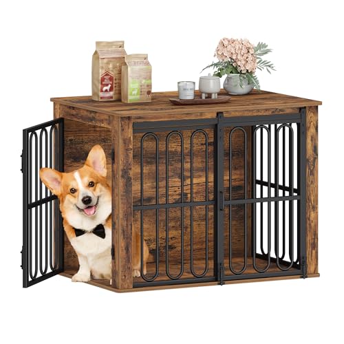 HEXCELEN Hundekäfig-Möbel aus Holz, 81 cm Hundebox für Zuhause, Hundekäfig mit 2 Türen, Schiebetüren, für Kleine, Mittlere Hunde, Robuster, Beistelltisch, 55 × 81 × 62,4 cm, Braun von HEXCELEN