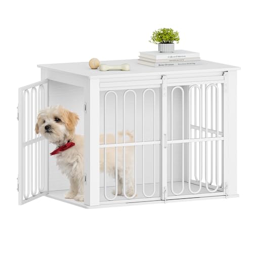 HEXCELEN Hundekäfig-Möbel aus Holz, 81 cm Hundebox für Zuhause, Hundekäfig mit 2 Türen, Schiebetüren, für Kleine, Mittlere Hunde, Robuster, Beistelltisch, 55 × 81 × 62,4 cm, Weiß von HEXCELEN