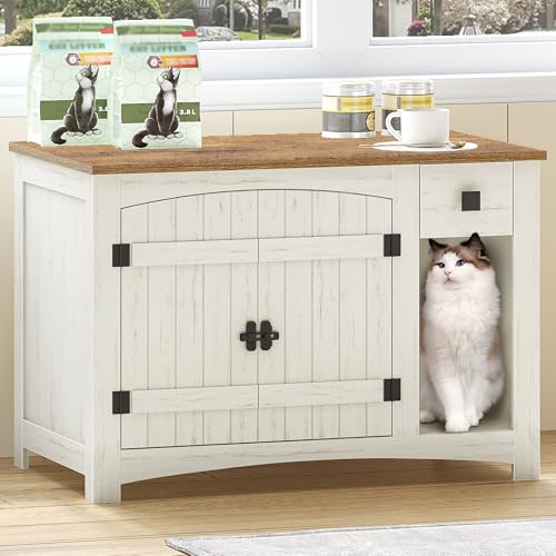 HEXCELEN Katzenklo Schrank, katzenschrank, katzentoilette Schrank mit Tür und Schubladen, Für Katzen, Beistelltisch, für Schlafzimmer und Wohnzimmer, 85 x 50 x 58,2 cm, Vintage Bruin-Weiß von HEXCELEN
