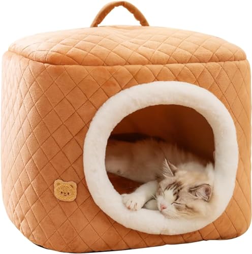 Indoor-Katzenbett, Haustierbett Mit Abnehmbarem, Waschbarem Kissen, Weiches Und Flauschiges Katzenhöhlen-Katzenzelt Für Kleine, Mittelgroße Haustiere, Windbeständig (Color : Braun, Size : M) von HEXEH