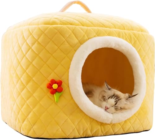 Katzenbett Haustierhöhle Katzennest Bett Weiches Katzenhaus Zelt Katzennest Bett Warm Katzenhöhle Schlafbett Für Welpen Washbar Haustier Kissen Bett (Color : Gelb, Size : M) von HEXEH